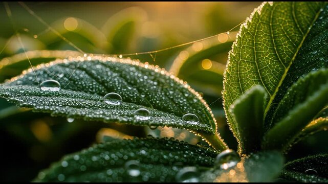 Dew Drops on Green Leaves in Morning.