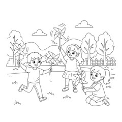 Naklejka premium Three happy children playing with pinwheels in a park, a black and white line art illustration for coloring.