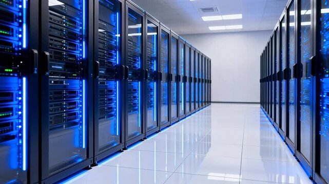 Rows of server racks in a data center