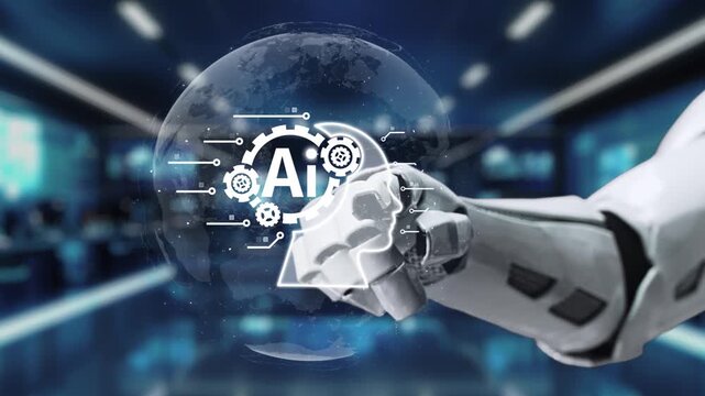 This video features a robotic hand engaging with a digital globe, representing revolutionary artificial intelligence concepts in a modern workspace setting. Auvana