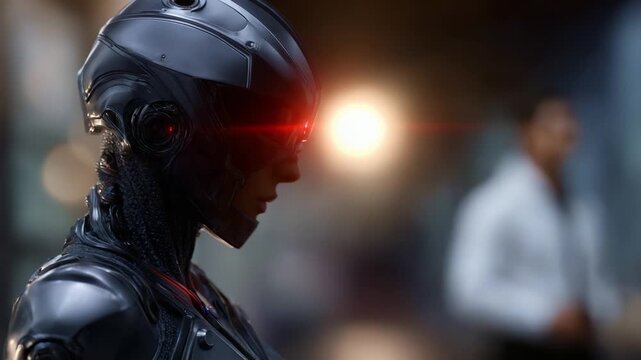 A futuristic robot stands in profile, featuring a sleek design and glowing red eyes, capturing the essence of advanced technology and artificial intelligence.