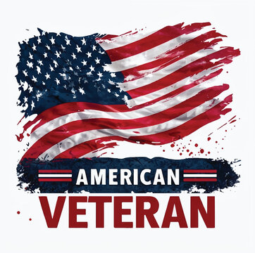 Distressed graphic design featuring a textured waving american flag illustration above bold patriotic text proclaiming american veteran status for apparel printing or emblem use.