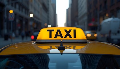 A yellow taxi cab driving through a busy city street at dusk with its lights on