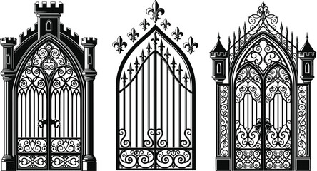 Gothic wrought iron gate set ornate medieval entrance doors black silhouette vector illustration isolated on background © Md