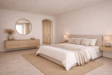 A minimalist bedroom with a large bed, a wooden dresser with a vase of dried flowers, and a round mirror on the wall.