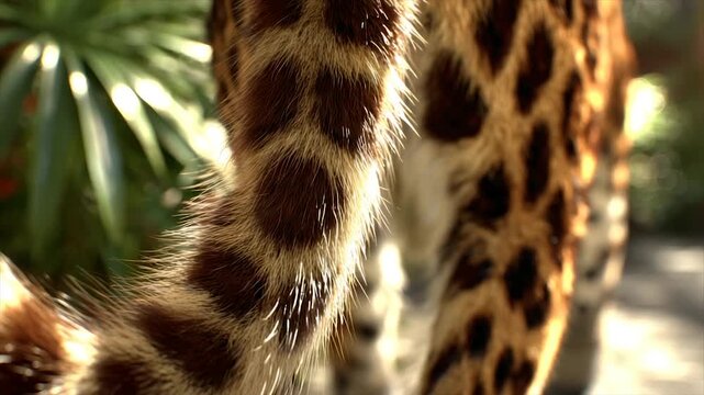 Close-up of a leopard's fur tail and body, bathed in sunlight against a green background