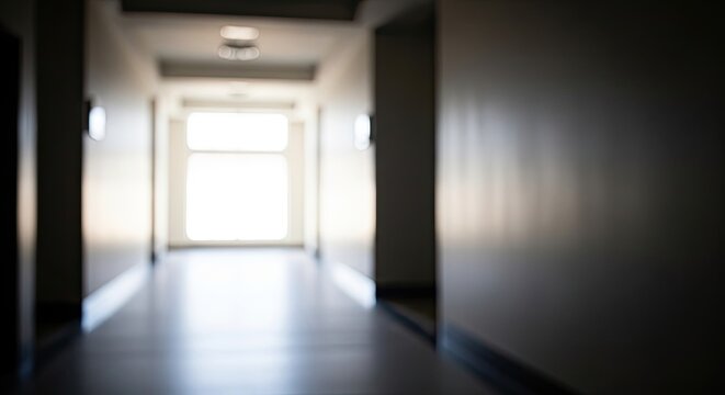 Blurred Long Hallway with Bright Light at the End.
