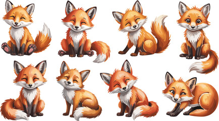Fototapeta premium Cute Watercolor Fox Character Set with Different Sitting and Smiling Poses for Woodland Animal Design, Hand Painted Style Forest Clipart Collection