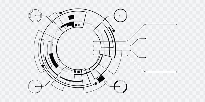 Futuristic circular HUD interface with PCB circuit lines isolated on transparent background