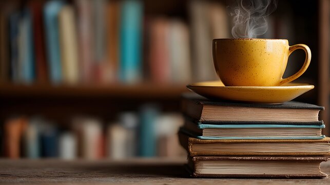 Cozy reading nook setup features a stack of hardcover books and a steaming cup of coffee on a warm yellow table near blurred library shelves.