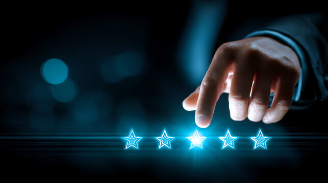 Successful businessman touching glowing five stars for excellent customer rating feedback concept
