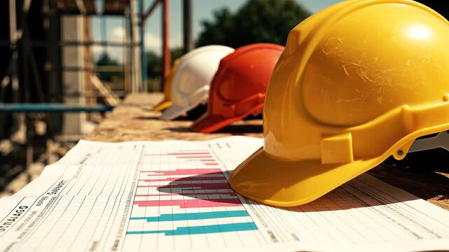 Construction hard hats and documents on a building site viewed from a low angle showing progress and planning