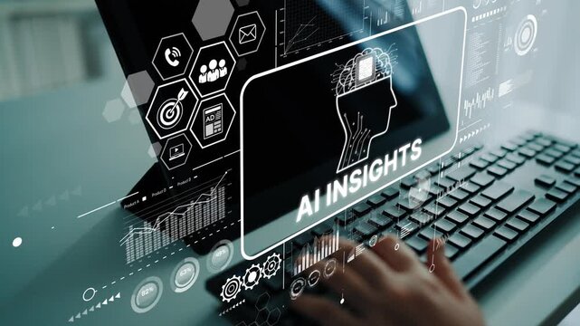 Hand Typing on Keyboard with AI Insights Visualization on Screen for Technology and Data Analysis. Asymptotic smart data analytic.