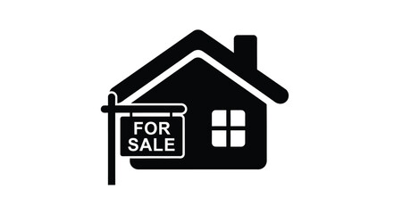 Obraz premium Simple house icon with a for sale sign black silhouette