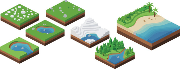 Isometric terrain tiles set with grass fields, rocks, ponds, snowy mountain, forest lake and tropical beach coastline, perfect for game maps and level design. © Alexander