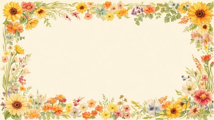 Obraz premium ひまわりと草花の水彩フラワーフレーム背景イラスト