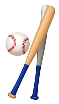 Baseball equipment ball, two bats, white background