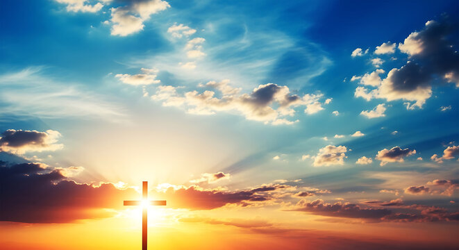 Christian Cross Silhouette Against a Vibrant Sunset Sky with Dramatic Clouds and Sun Rays