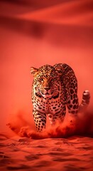 Obraz premium Leopard Running Through Desert Sand Storm.