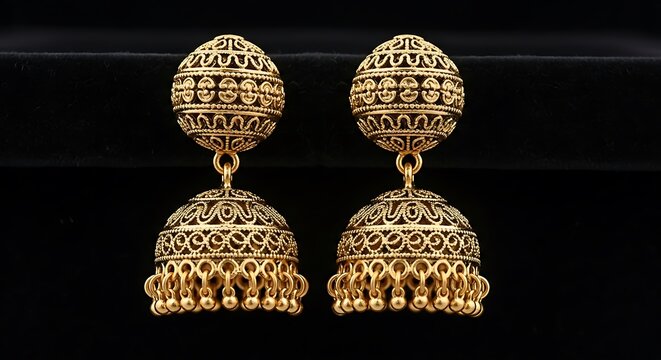 Elegant traditional gold-colored jhumka style earrings with intricate filigree designs