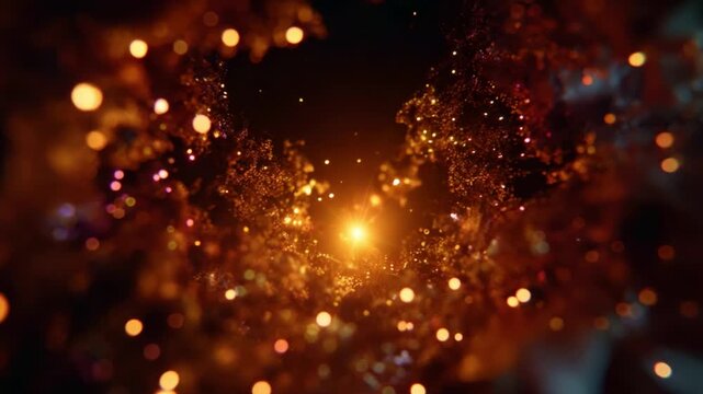 A mesmerizing cosmic scene featuring vibrant particles and glowing elements merging into a radiant core, revealing the depth and beauty of the universe.