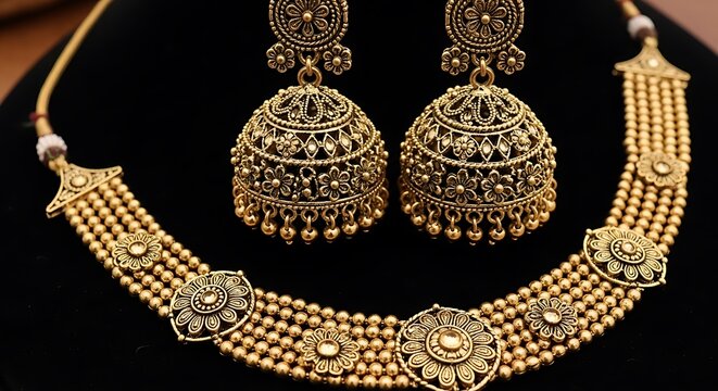 Elegant traditional gold-toned jewelry set with intricate designs and beaded details