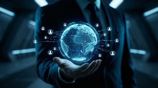 Businessman presenting global network connections in modern office