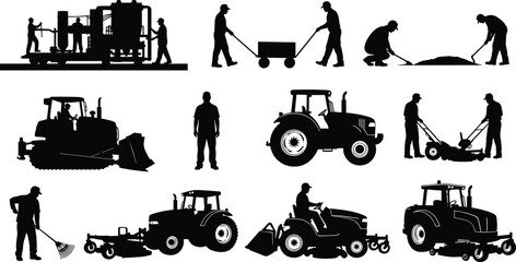 Black silhouette set of agricultural workers, farmers using tractors and lawn mowers, landscaping maintenance staff, isolated vector illustration on white. © "Hello"