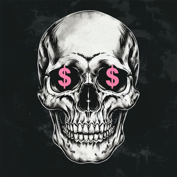 Striking monochromatic illustration of a human skull featuring vibrant pink dollar signs replacing the eyes symbolizing obsession with wealth and materialism in art