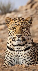 Obraz premium Leopard lying on rocky terrain outdoors.