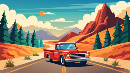 A vintage red pickup truck drives along a winding road through a colorful mountain landscape © CreativeKamrul