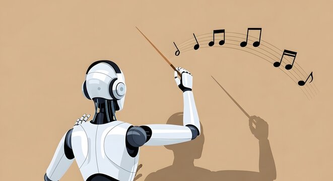 Artificial intelligence conducting an orchestra with musical notes and a shadow conductor figure