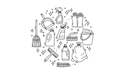 Obraz premium House cleaning doodle symbol set with hygiene equipment and sanitation icons vector illustration