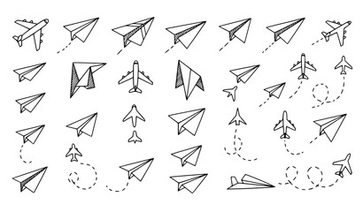 Paper plane doodle icon set with flight paths and hand drawn airplane illustrations vector © Shukimon