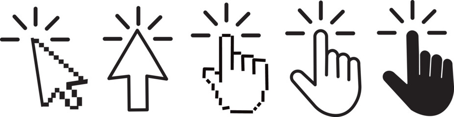 Obraz premium Mouse click cursor icon set, computer pointer symbols, digital arrow and hand clicking shapes, professional vector illustration on white background.