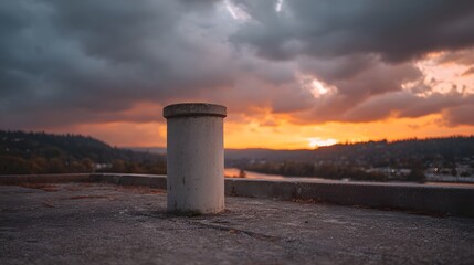 A solitary concrete pillar stands on a rooftop against a dramatic sunset sky with moody clouds over a distant landscape