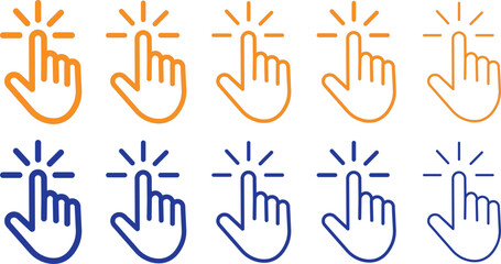 Mouse click cursor icon set, computer pointer symbols, digital arrow and hand clicking shapes, professional vector illustration on white background.