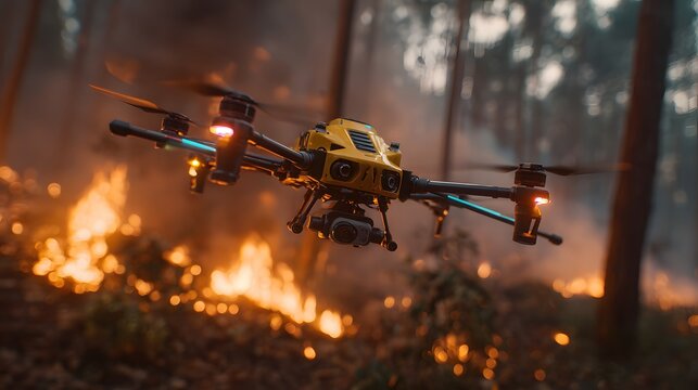 Industrial yellow rescue drone flies near a raging forest fire with thick smoke and bright orange flames creating a dramatic atmosphere.