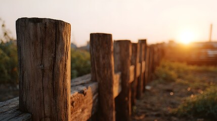 A rustic wooden fence stretches towards the horizon illuminated by the warm golden glow of a setting sun