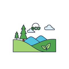Green hills with trees, a plant sprout, and a cloud displaying the word 'ECO' symbolizing environmentalism and sustainable living