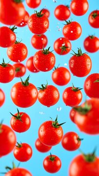 A vibrant, eye-level shot of many cherry tomatoes floating on a soft, light blue background, some with water droplets