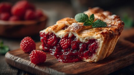 Slice of homemade raspberry pie with a flaky golden crust and leaking red berry filling sits on a wooden table with fresh mint on the side.