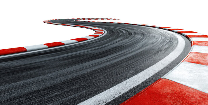 Curved racing track with red and white striped curbs and asphalt, isolated on transparent background