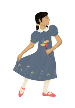 Little Girl holding a wind spinner in a skirt with ponytails | Stages of Life