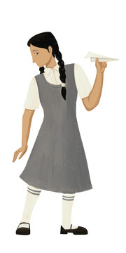 School-going girl in a grey uniform with ponytails holding a paper plane | Stages of Life