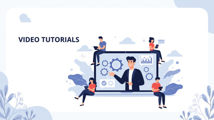 Educational concept showing people interacting with a large screen for video tutorials covering technical subjects and data analysis.