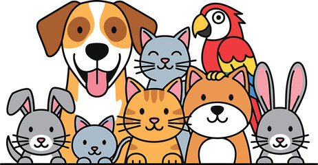 Fototapeta premium Cute cartoon pets icon set. Includes dog, cat, rabbit, parrot, and fox. Created in colorful flat style