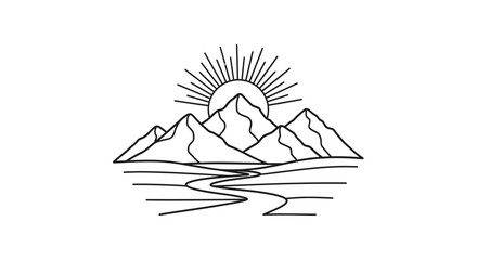 Minimalist line drawing of mountains sun and flowing water © Vector Hub24