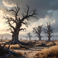 Stark landscape with bare trees under a dramatic, cloudy sky