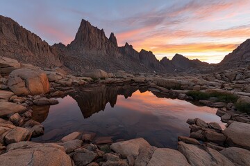 Fototapeta premium Rocky Mountain Pool Reflecting Vivid Sunset With Jagged Peaks Orange and Pink Sky Clear Reflection Stone Textures Boulders Dramatic Lighting Nature Photography